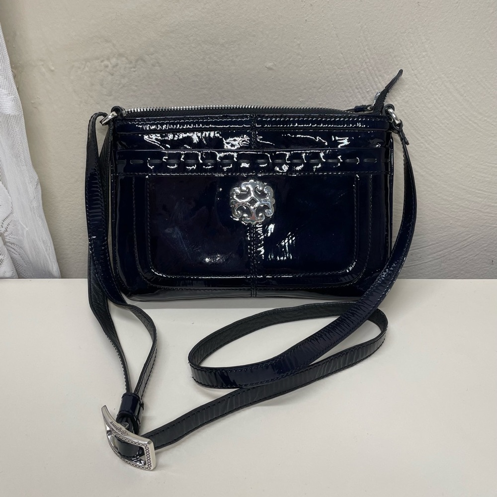 Brighton Dark Blue Leather Lactaded Crossbody Hand Bag, Tassel Many Packets